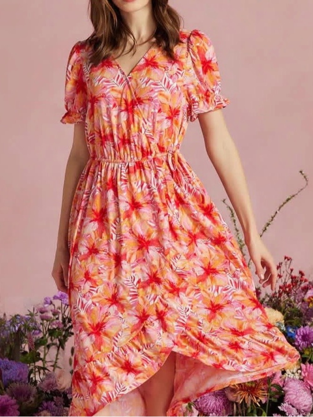 89th & Madison NWOT Floral V-Neck Midi Dress in Pink and Orange